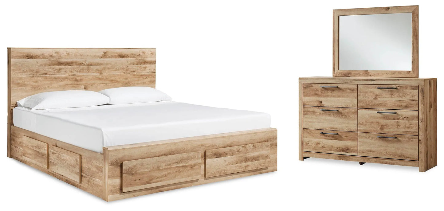 Cama con paneles Hyanna Queen con almacenamiento lateral, cómoda y espejo