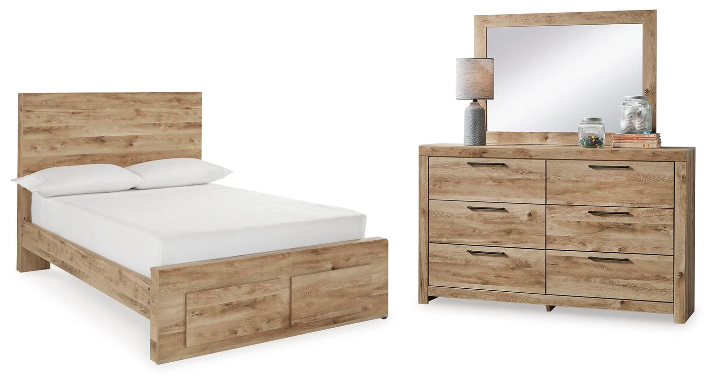 Cama Hyanna con almacenamiento de panel completo, cómoda y espejo