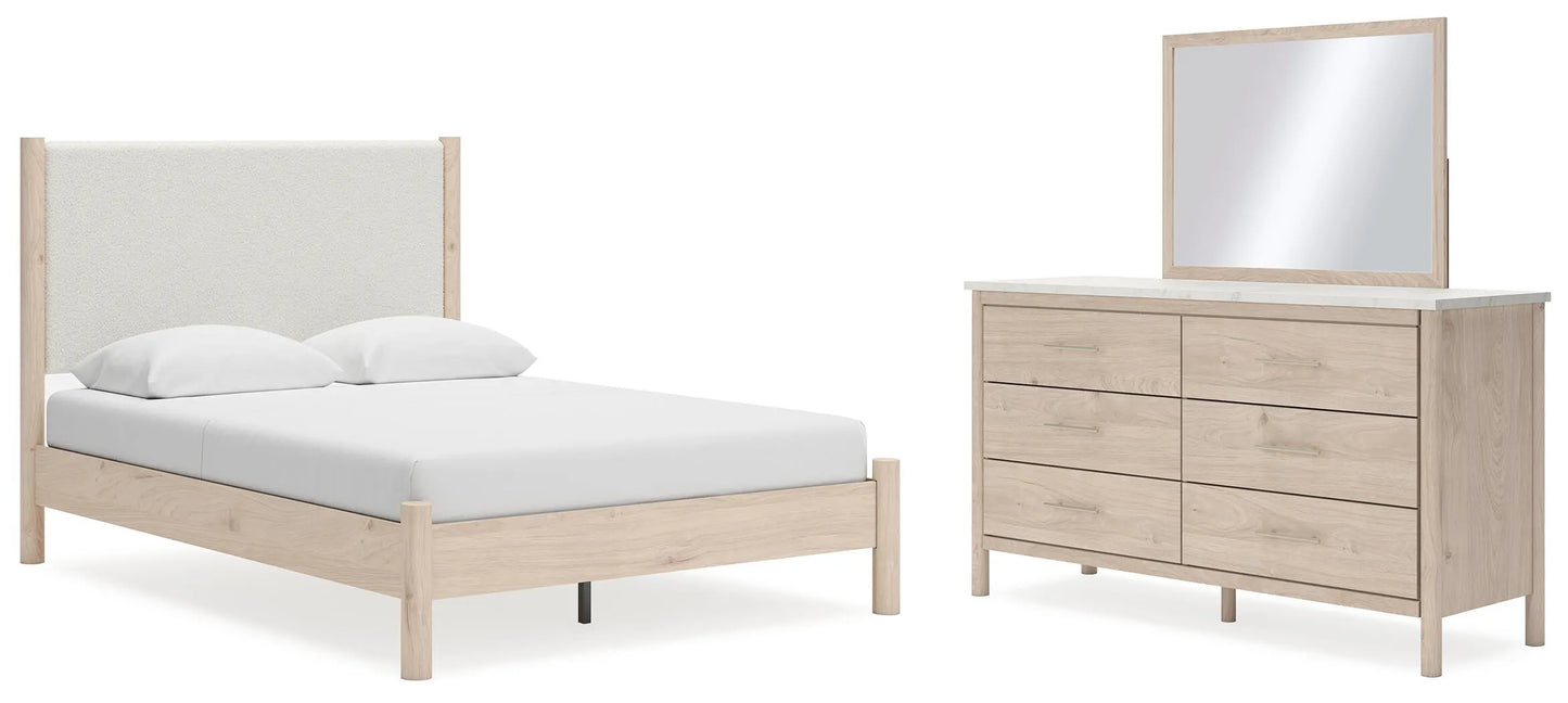Cama Queen Cadmori tapizada con paneles, tocador y espejo