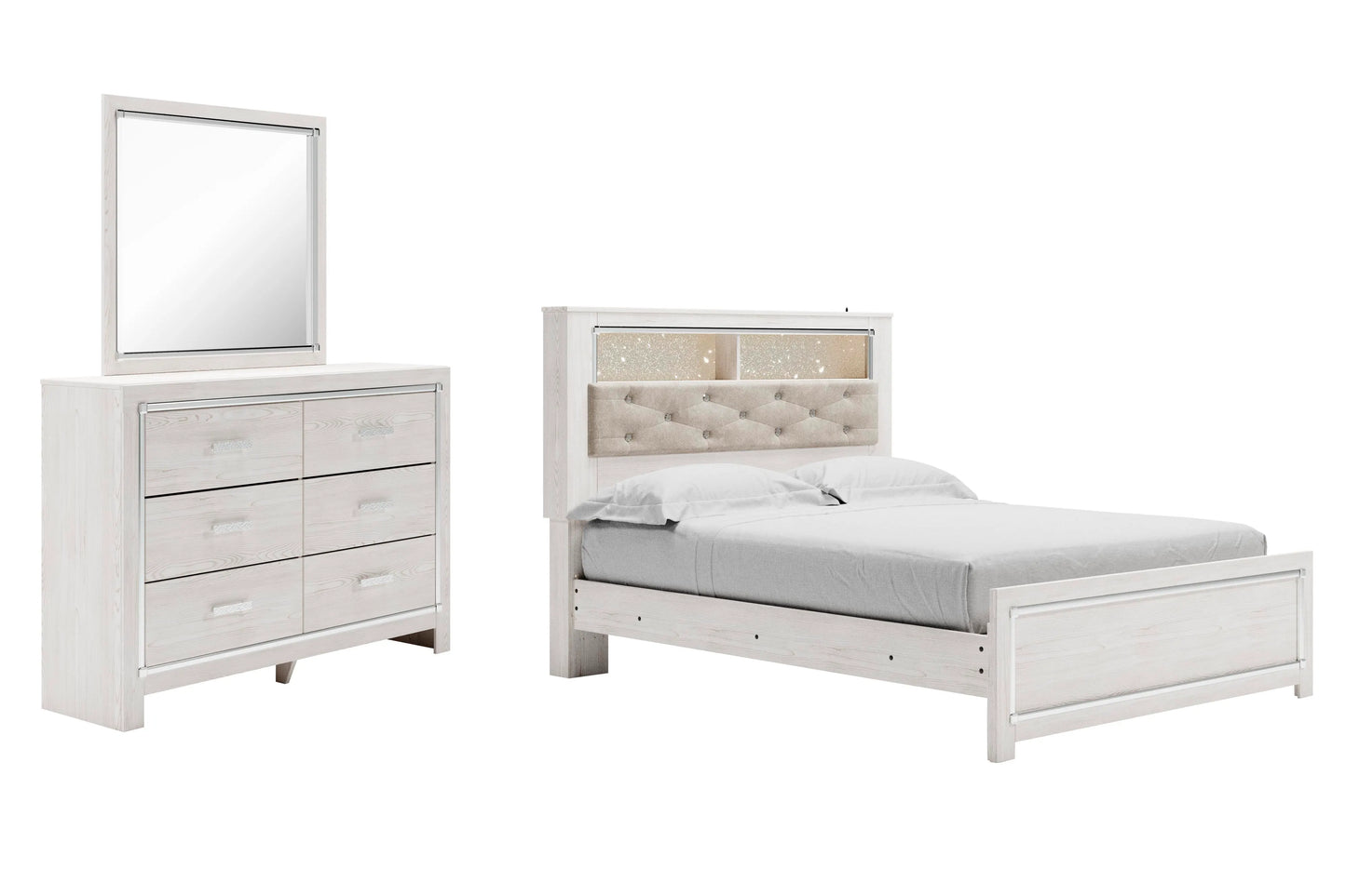 Cama de biblioteca Altyra Queen con panel, cómoda y espejo
