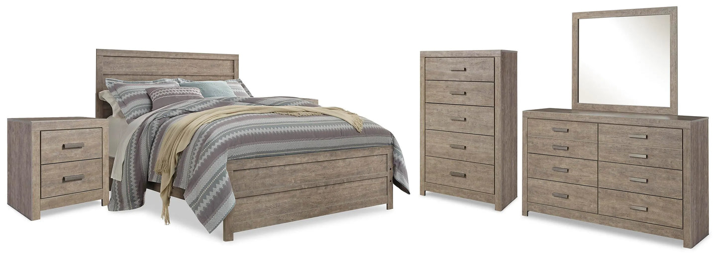 Cama Culverbach Queen con panel, cómoda, espejo, chiffonier y 2 mesitas de noche