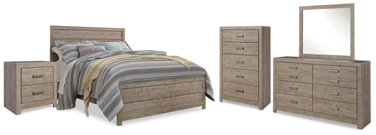 Cama Culverbach Queen con panel, cómoda, espejo, chiffonier y 2 mesitas de noche