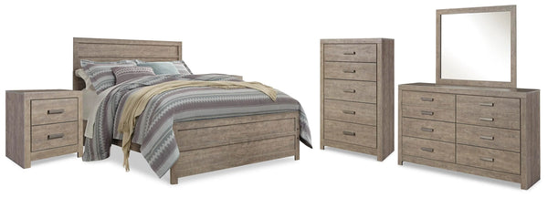 Cama Culverbach Queen con panel, cómoda, espejo, chiffonier y 2 mesitas de noche