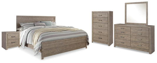 Cama de paneles King, tocador, espejo, cómoda y mesita de noche Culverbach