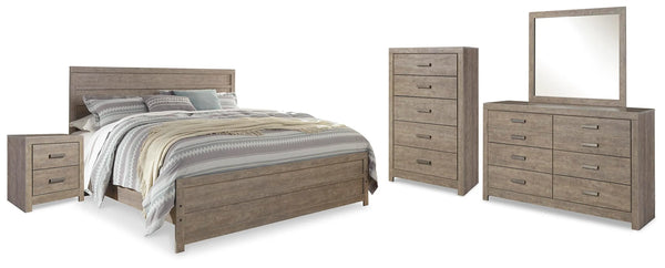 Cama de paneles King, tocador, espejo, cómoda y mesita de noche Culverbach