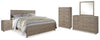 Cama de paneles King, tocador, espejo, cómoda y mesita de noche Culverbach