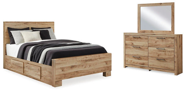 Cama Queen Hyanna con 2 almacenamientos laterales, cómoda y espejo