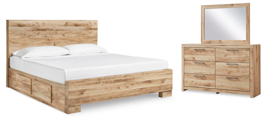 Cama con paneles Hyanna King con 2 compartimentos de almacenamiento laterales, cómoda y espejo