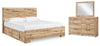 Cama con paneles Hyanna King con 2 compartimentos de almacenamiento laterales, cómoda y espejo