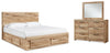 Cama Hyanna King con panel y 2 cajones laterales de almacenaje, cómoda y espejo
