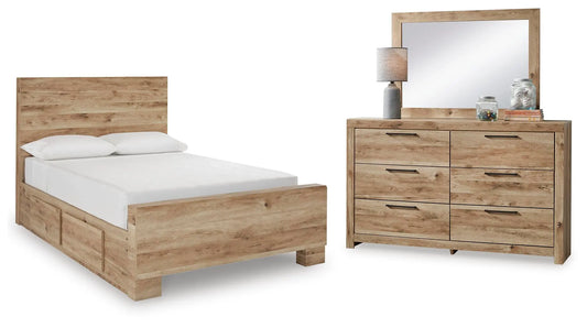 Cama Hyanna con panel completo y 2 almacenamientos laterales, cómoda y espejo
