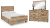 Cama Hyanna con panel completo y 2 almacenamientos laterales, cómoda y espejo