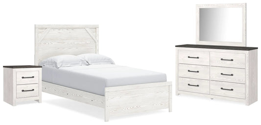 Cama de panel completo, cómoda, espejo y mesita de noche Gerridan