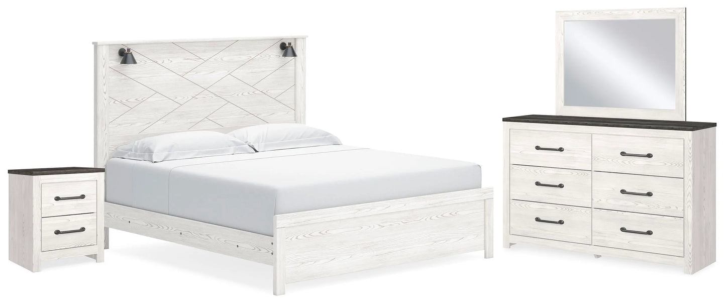 Cama con paneles Gerridan King, cómoda, espejo y mesita de noche