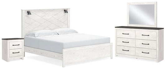 Cama con paneles Gerridan King, cómoda, espejo y mesita de noche