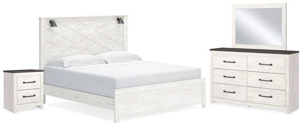 Cama con paneles Gerridan King, cómoda, espejo y mesita de noche