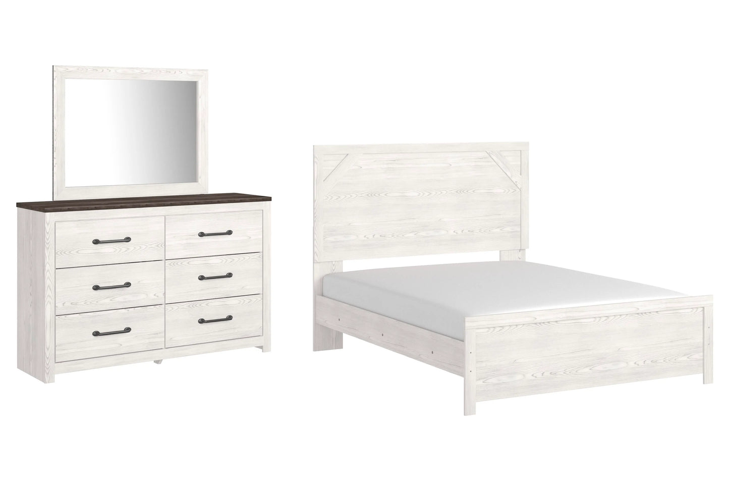 Cama Queen con panel, cómoda y espejo Gerridan