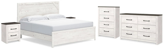 Cama Gerridan King con panel, cómoda, cofre y 2 mesitas de noche