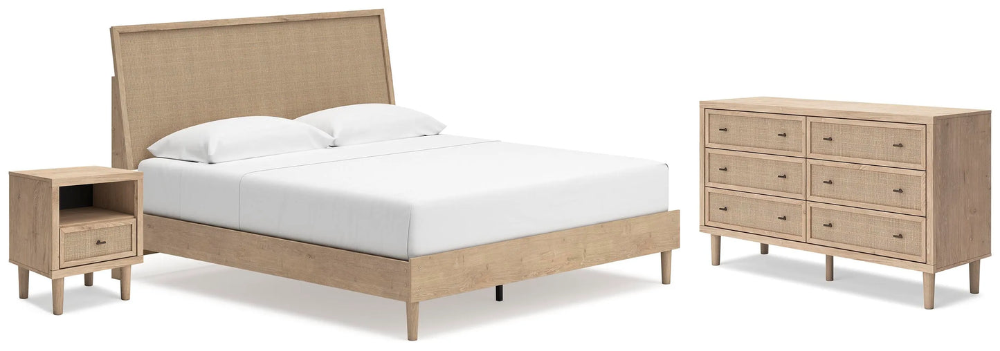 Cama King Cielden con paneles, tocador y mesita de noche