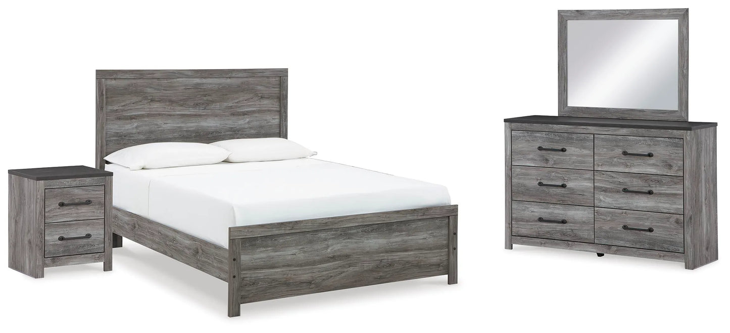 Cama con panel Queen, cómoda, espejo y mesita de noche Bronyan