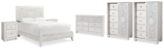 Cama con panel Queen Paxberry, cómoda, 2 cajoneras y 2 mesitas de noche