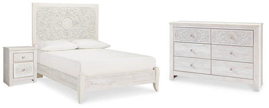 Cama de panel completo, cómoda y mesita de noche Paxberry