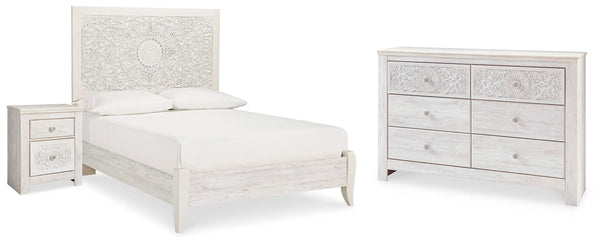 Cama de panel completo, cómoda y mesita de noche Paxberry