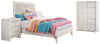 Cama con panel completo, cómoda y mesita de noche Paxberry