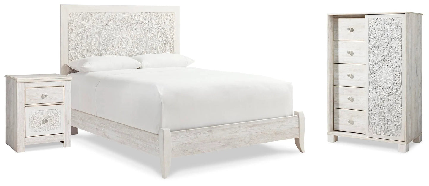 Cama queen con paneles, cómoda y mesita de noche Paxberry
