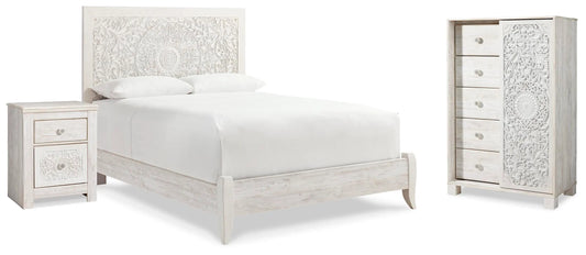 Cama queen con paneles, cómoda y mesita de noche Paxberry