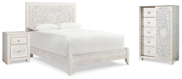Cama queen con paneles, cómoda y mesita de noche Paxberry