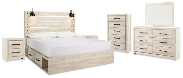 Cama de panel tamaño King Cambeck con almacenamiento, tocador, espejo, cómoda y 2 mesitas de noche