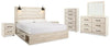 Cama de panel tamaño King Cambeck con almacenamiento, tocador, espejo, cómoda y 2 mesitas de noche