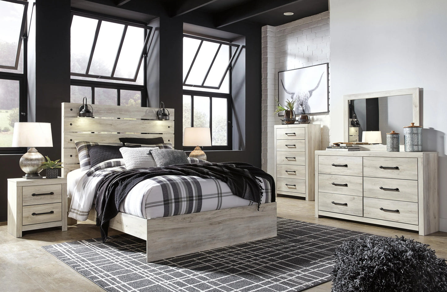Cama de panel queen, tocador, espejo, cómoda y mesita de noche Cambeck
