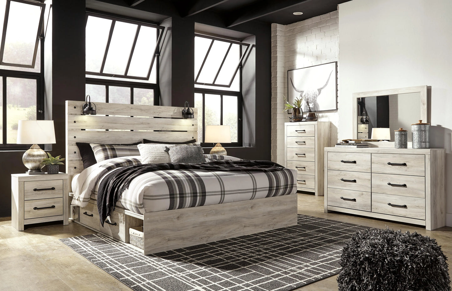 Cama de panel tamaño King Cambeck con almacenamiento, tocador, espejo, cómoda y 2 mesitas de noche