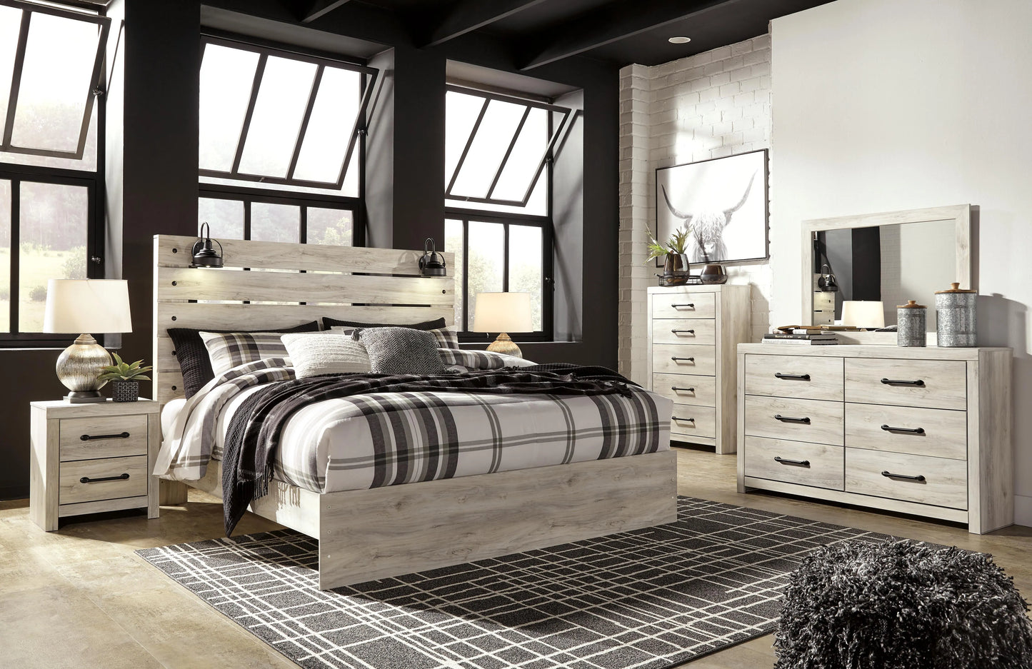 Cama King, cómoda, espejo, arcón y 2 mesitas de noche Cambeck