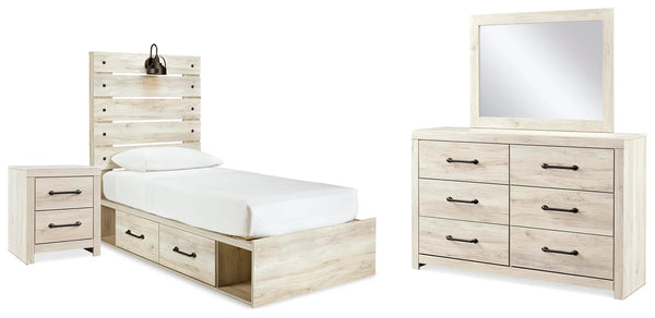 Cama individual Cambeck con almacenamiento, cómoda, espejo y mesita de noche