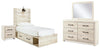Cama individual Cambeck con almacenamiento, cómoda, espejo y mesita de noche