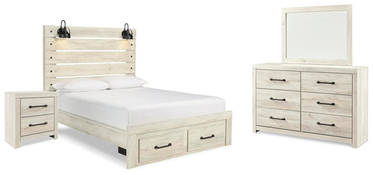 Cama Queen con panel de almacenamiento, cómoda, espejo y mesita de noche Cambeck