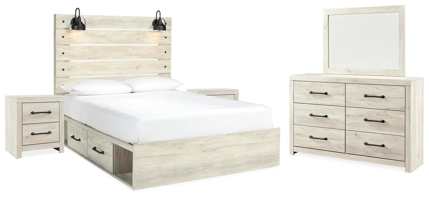 Cama Queen con panel y almacenamiento, tocador, espejo y 2 mesitas de noche Cambeck