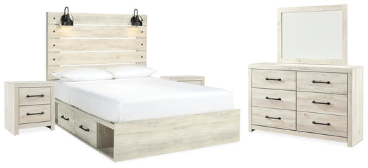 Cama Queen con panel y almacenamiento, tocador, espejo y 2 mesitas de noche Cambeck