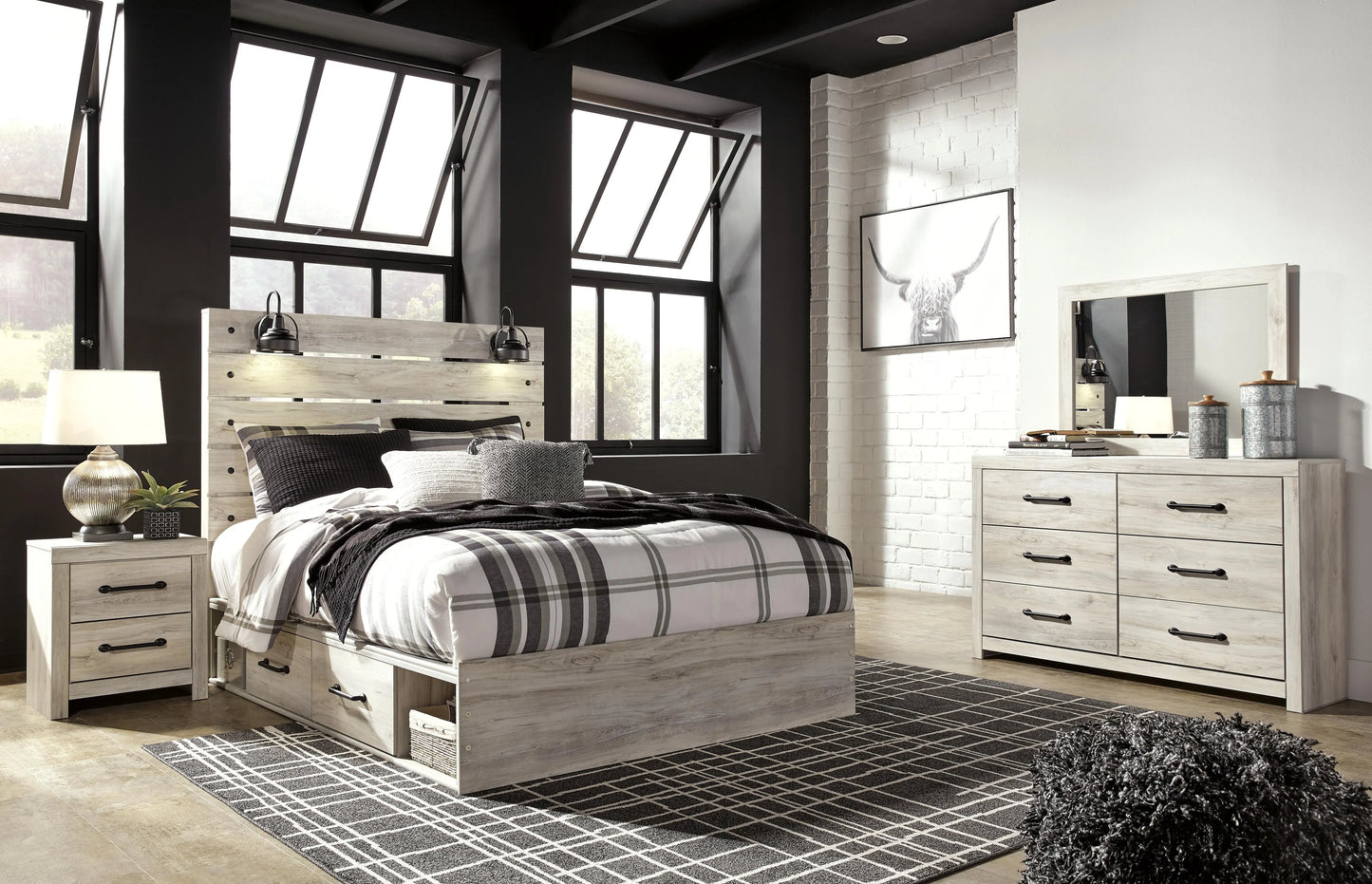 Cama Queen con panel y almacenamiento, tocador, espejo y 2 mesitas de noche Cambeck