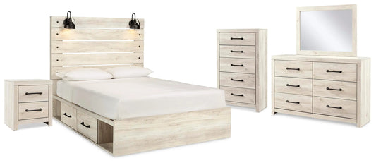 Cama Queen con panel y almacenamiento Cambeck, tocador, espejo, cómoda y mesita de noche