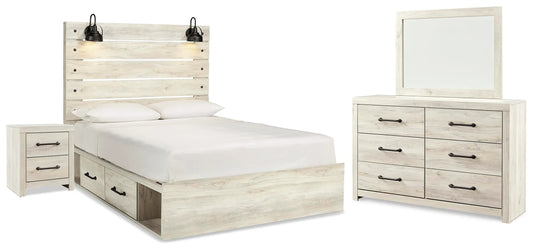Cama Queen Cambeck con paneles y almacenaje, cómoda y espejo
