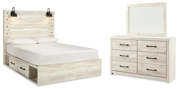 Cama Queen Panel Cambeck con almacenamiento, cómoda y espejo