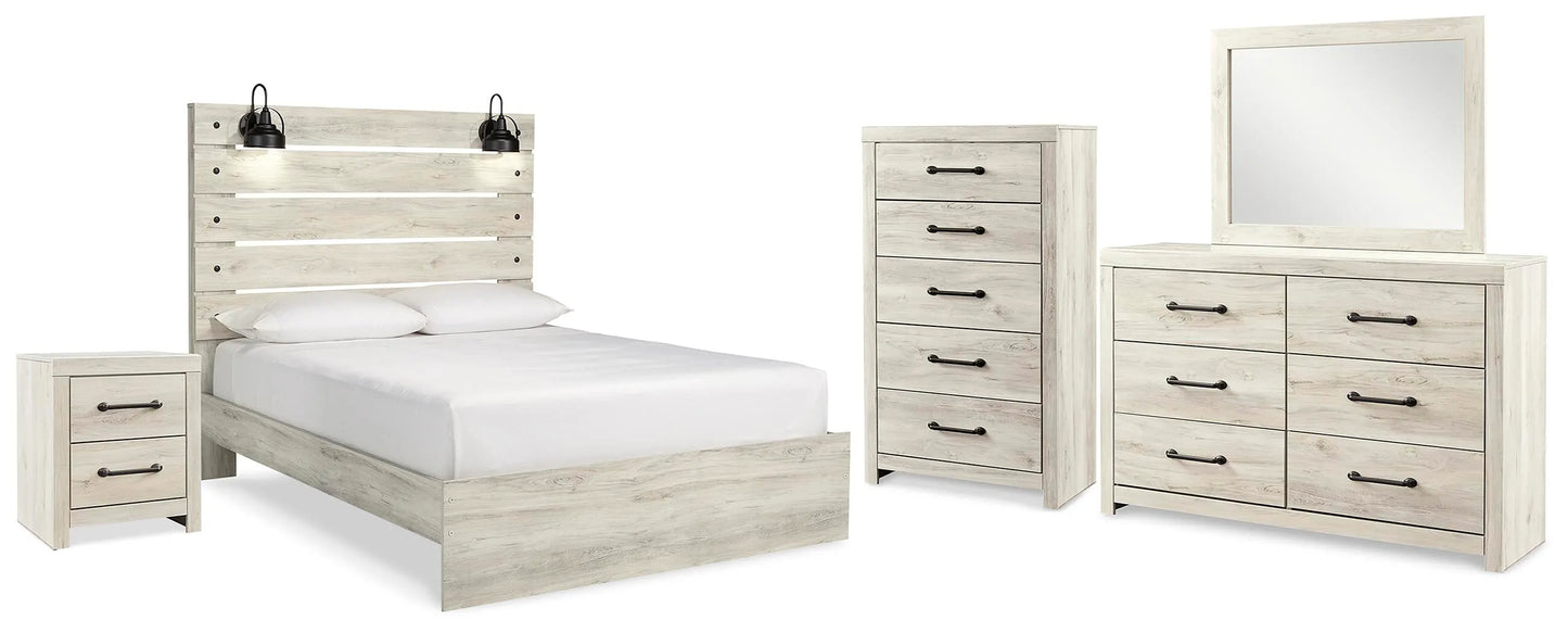 Cama de panel queen, tocador, espejo, cómoda y mesita de noche Cambeck