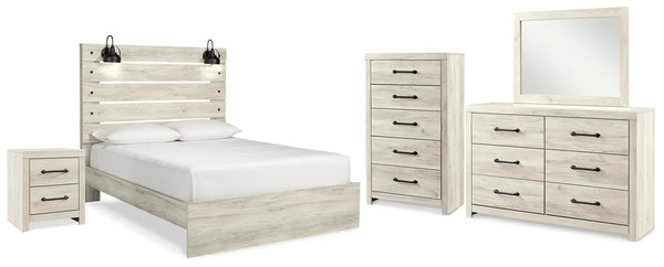 Cama de panel queen, tocador, espejo, cómoda y mesita de noche Cambeck