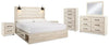 Cama de panel tamaño King Cambeck con almacenamiento, tocador, espejo, cómoda y 2 mesitas de noche