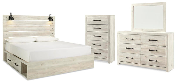 Cama king de paneles Cambeck con almacenaje, cómoda, espejo y sinfonier