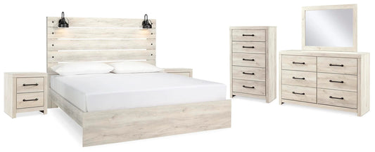 Cama King, cómoda, espejo, arcón y 2 mesitas de noche Cambeck